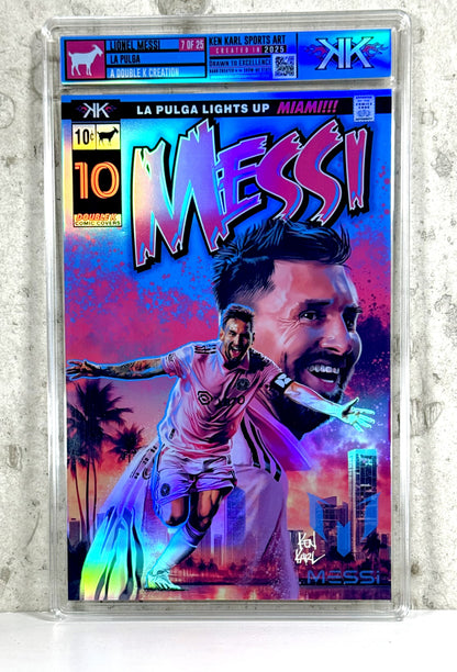 Lionel Messi Comic Cover sized XL holographic foil slab 1:25